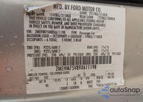 2009 Mercury Grand Marquis Ls (Fleet Only) from USA, damaged, VIN 2MEHM75V89X611198